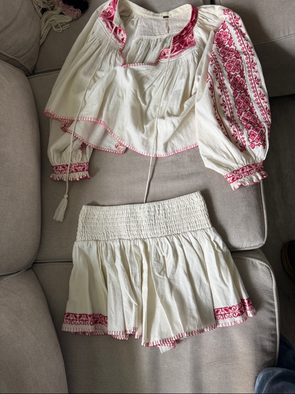 Free People Ivory Peasant Top and skirt with Pink Embroidery